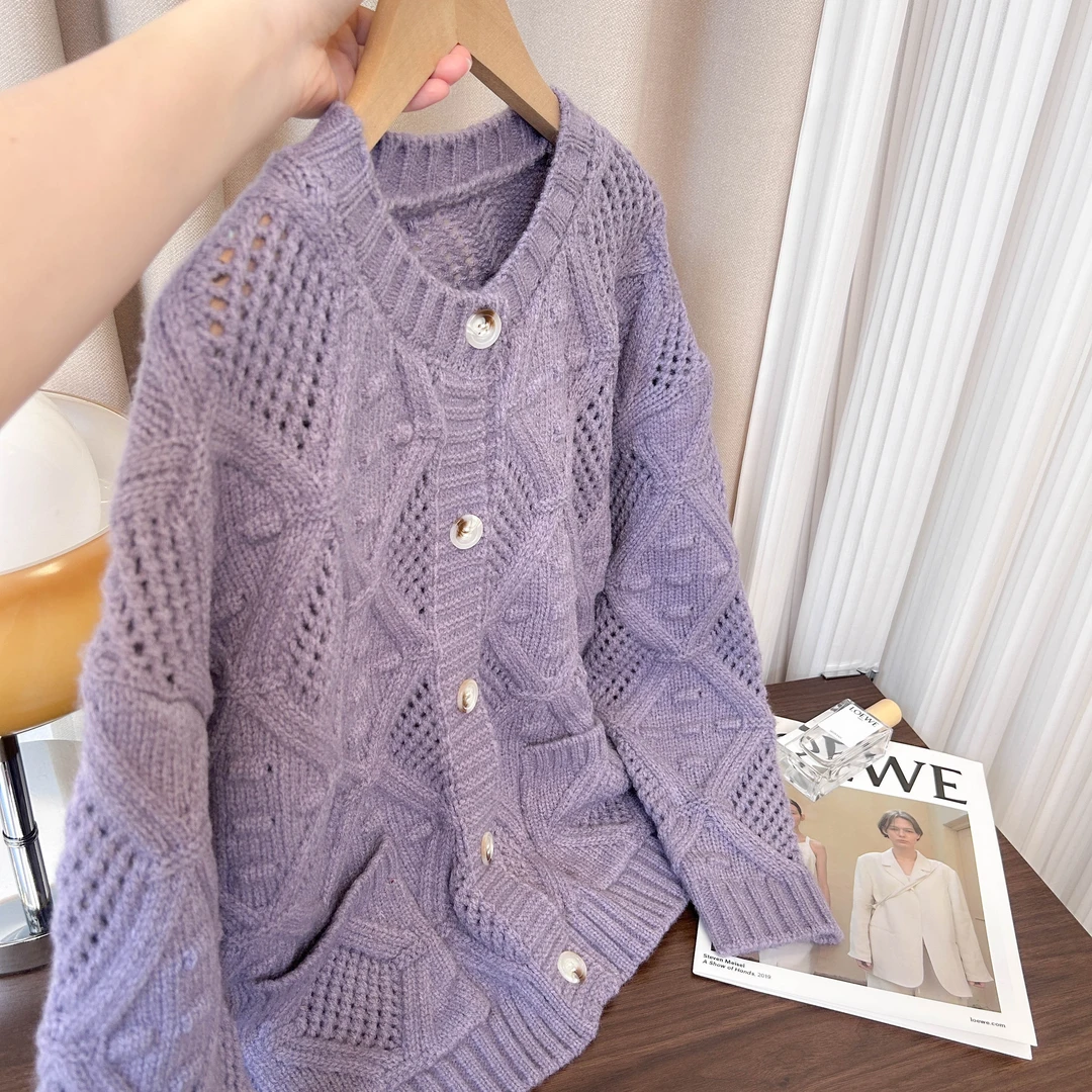 菱形鼓包编织镂空圆领长袖口袋开衫秋冬季新款针织衫宽松毛衣外套