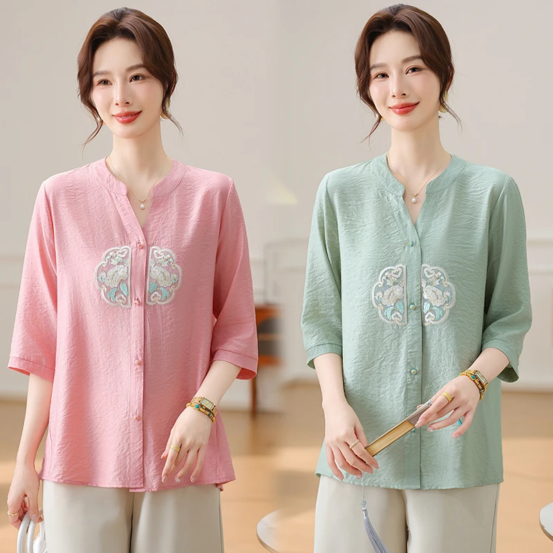 新中式妈妈夏装小衫洋气上衣40岁中老年人阔太太夏季短袖国风衣服