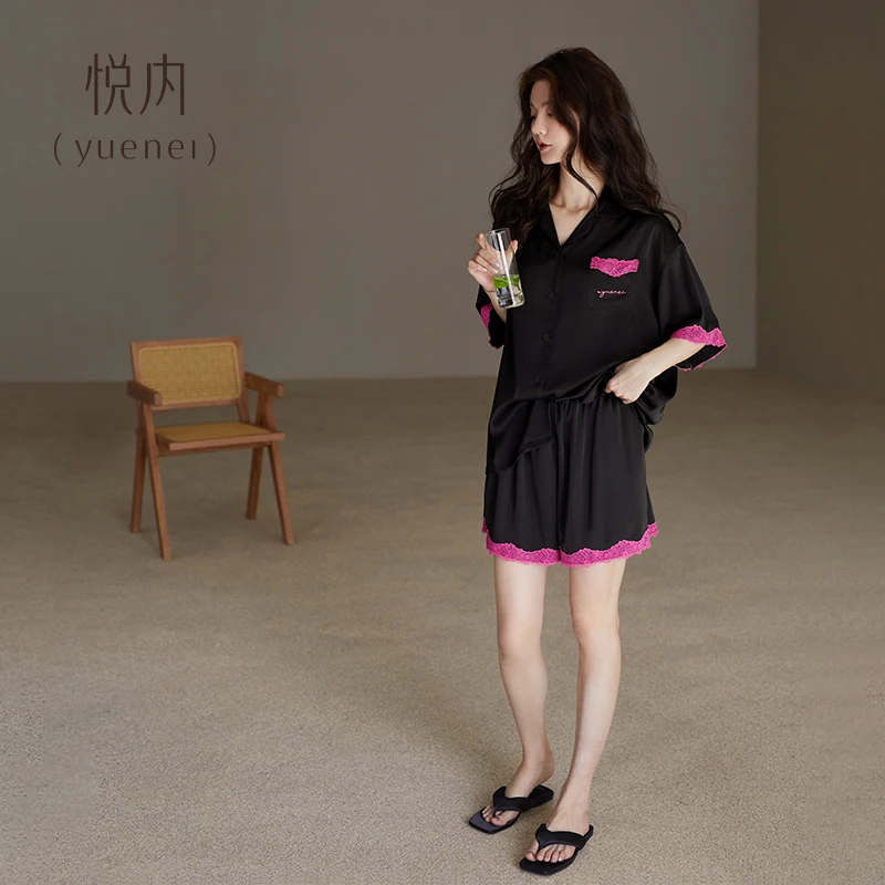 悦内睡衣女款春夏季冰丝短袖短裤家居服人工缝制小蕾丝新款高级感