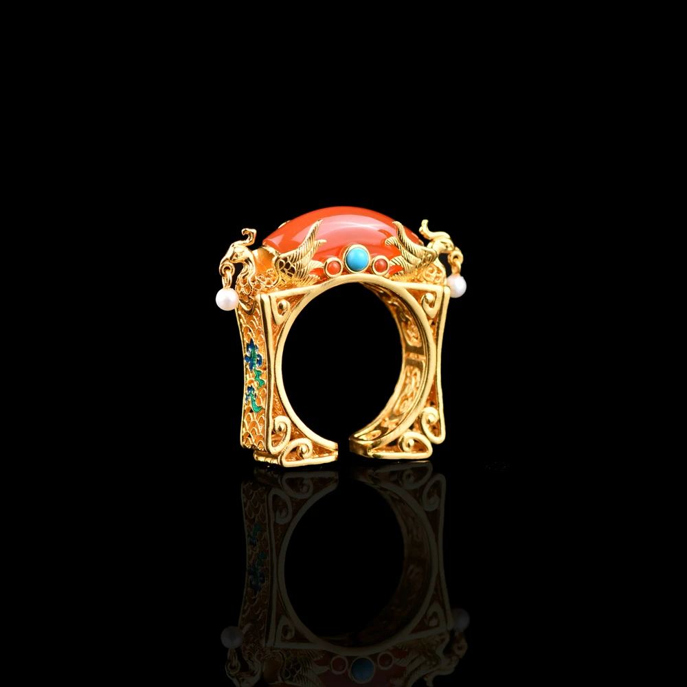 戊申堂【金凤衔珠​】高冰南红凤凰蛋面戒指 国风珠宝