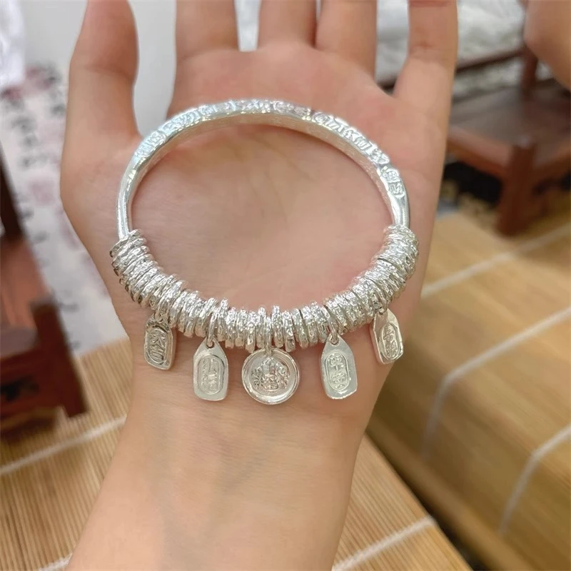 足银手镯 新款四方吉言盘缠银手镯平安喜乐足银999实心纯手工制作