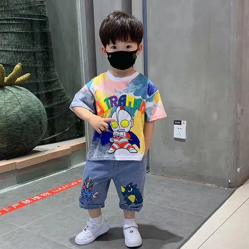 奥特曼衣服男童套装夏季2025新款宝宝发光衣服网红儿童帅气两件套