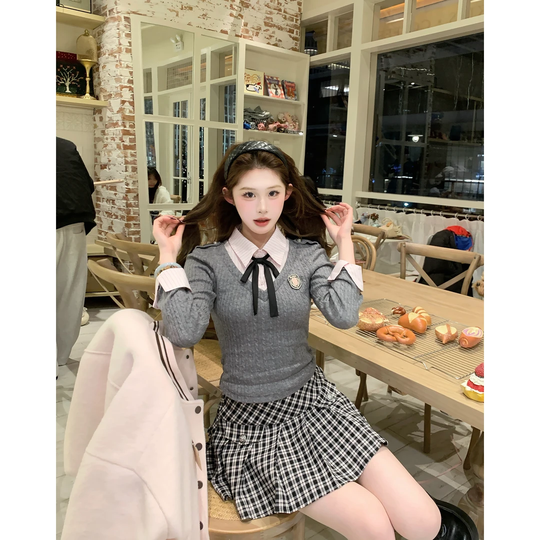 麻吉麻吉mochi【曲奇松梅】假两件蝴蝶结长袖显瘦上衣格纹半裙套装