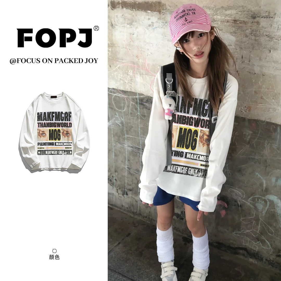 FOPJ早秋慵懒学院风长袖T恤女设计感美式复古时尚圆领打底衫上衣