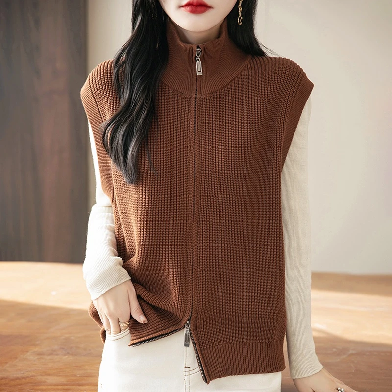 秋冬女款立领拉锁棉线元宝针百搭宽松针织背心马甲