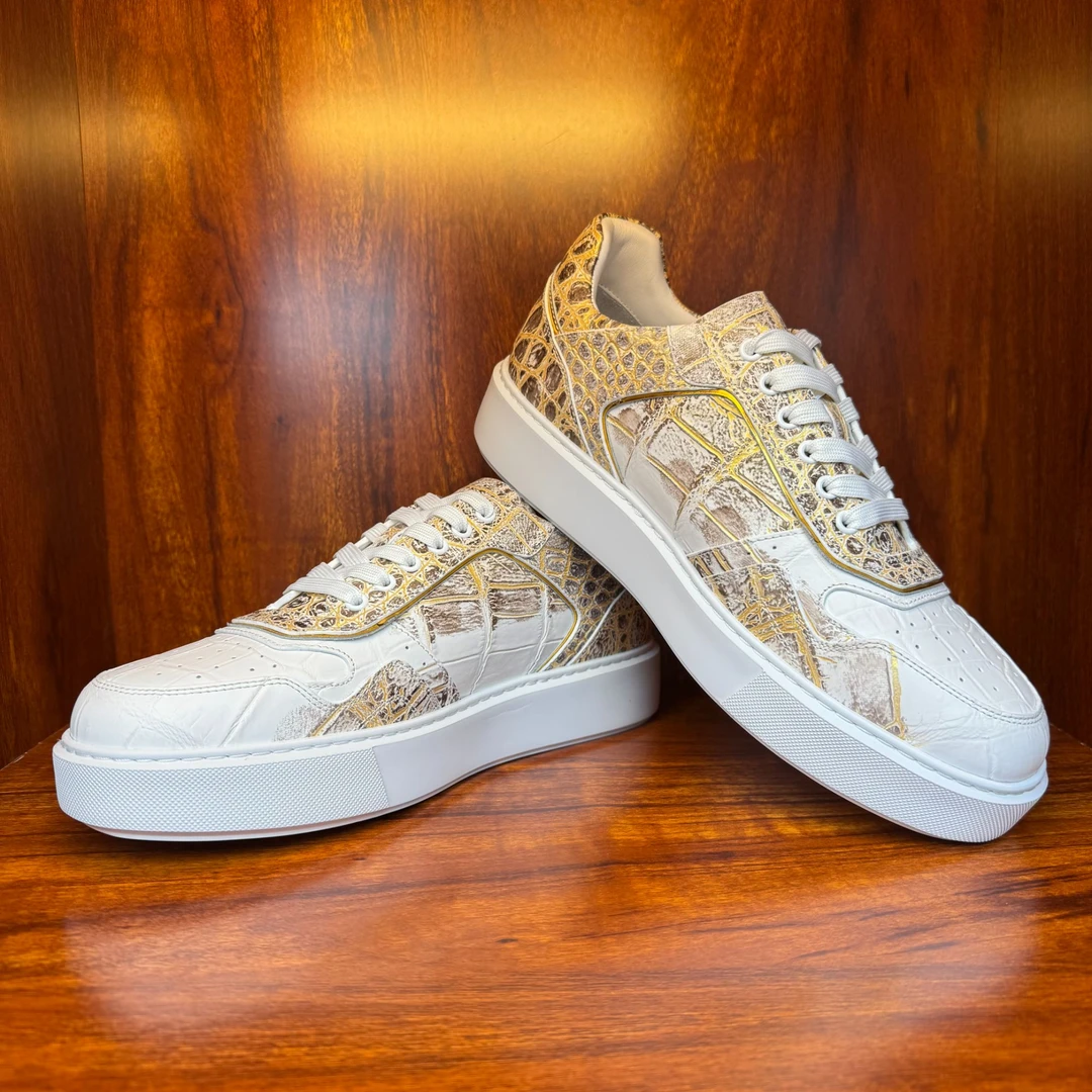 灵鼍LINGTUO金标男鞋鎏金配色鳄鱼稀有皮夏季休闲板鞋胎牛皮内里