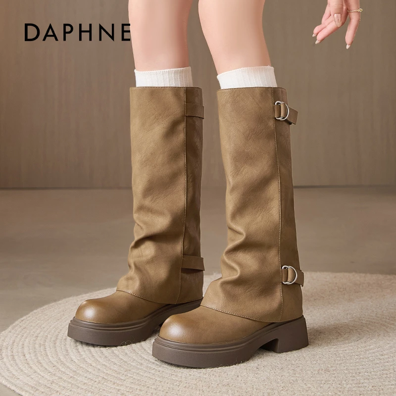达芙妮美拉德长筒靴女2025新款秋季厚底高筒西部牛仔堆堆骑士靴子