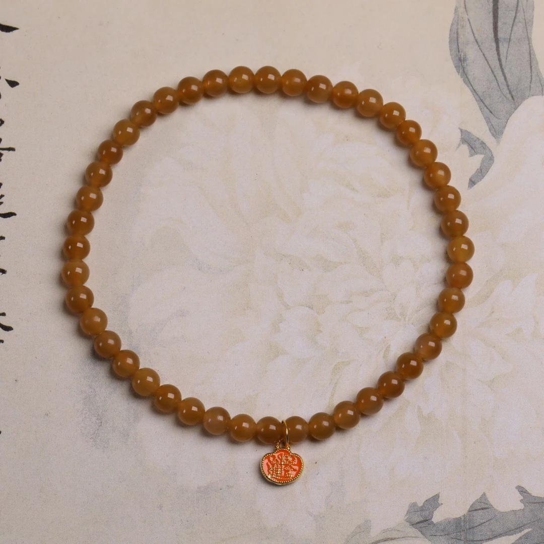 18k金正宗正版和田玉新疆且末红糖手串4mm珠串珠链