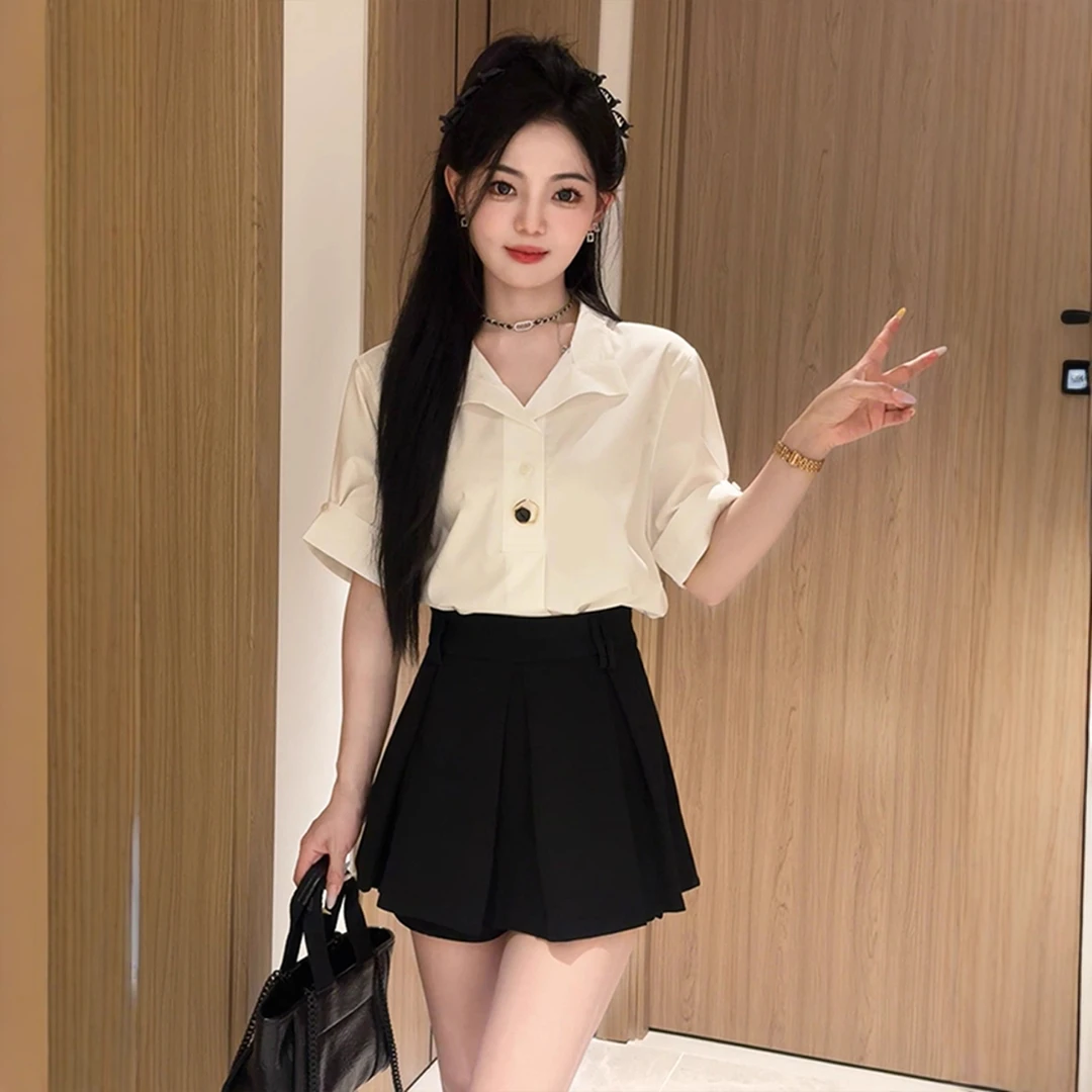 气质简约短袖翻领设计感纽扣白色衬衫半身裙套装女夏日一整套穿搭