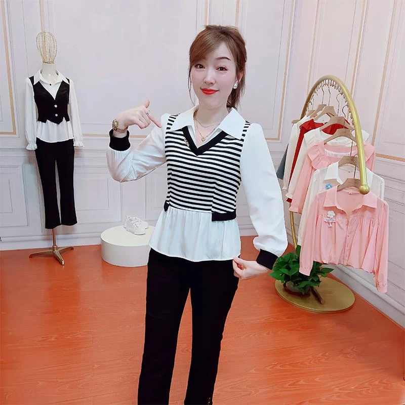 2024秋季新款百搭气质休闲衬衣设计感韩版遮肚显瘦假两件长袖衬衫