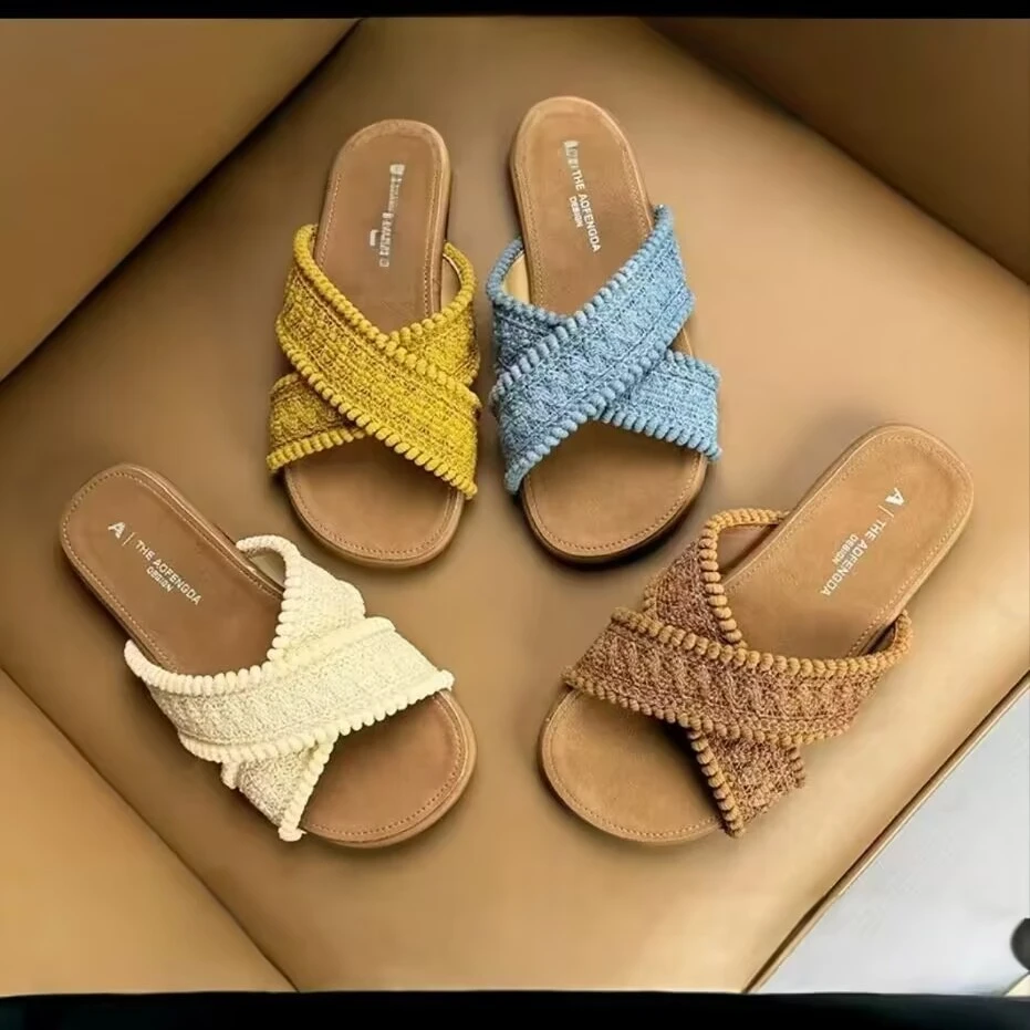 平底波西米亚一字拖夏季新款软底舒适黄色百搭交叉拖鞋海边沙滩鞋