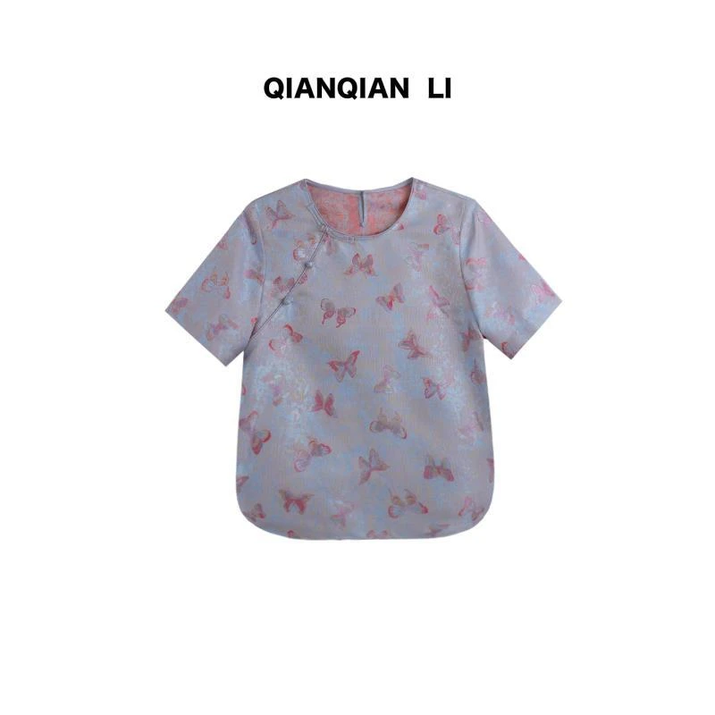 QIAN【紫蝶】100%桑蚕丝蜀锦 极简短袖