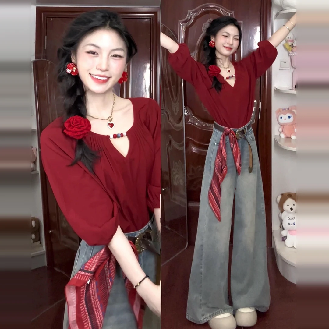 法式气质红色长袖衬衫女早秋季2025新款高级感独特洋气别致小上衣