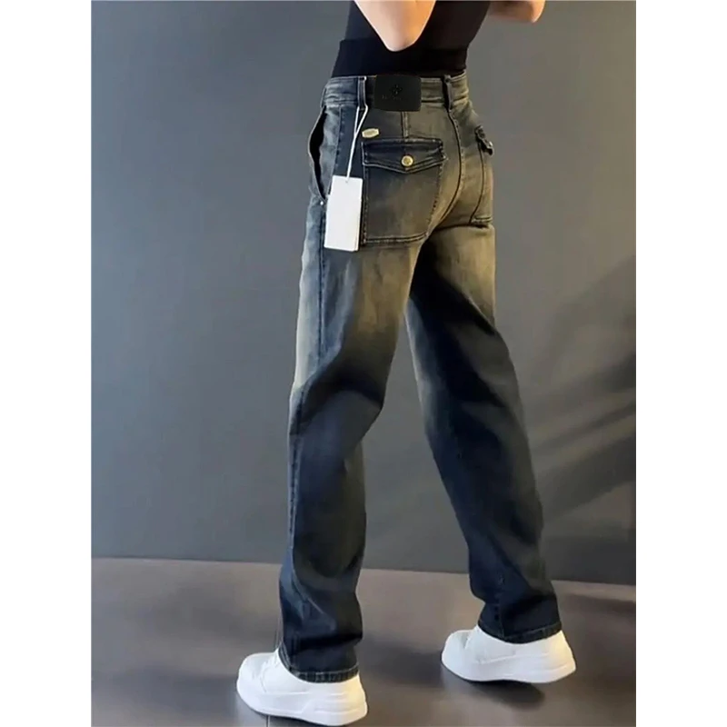 复古蓝色牛仔裤男士秋冬新款水洗弹力宽松直筒裤大口袋设计休闲裤