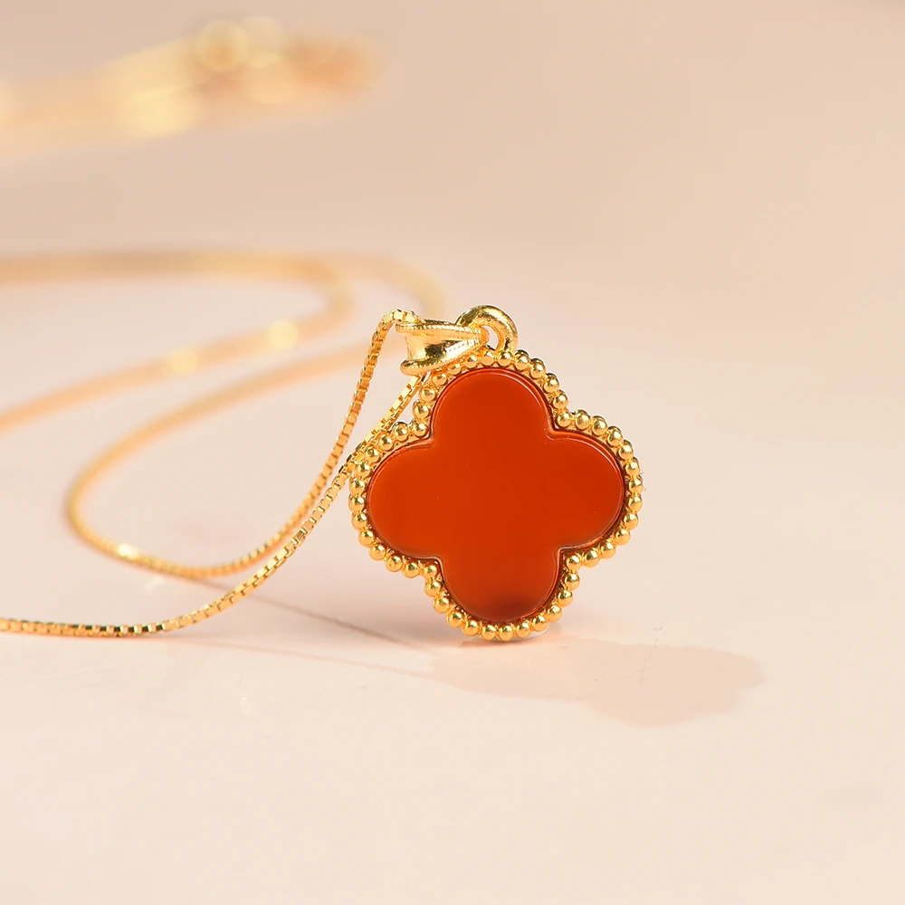 【月总】足金999镶嵌玉髓四叶草吊坠