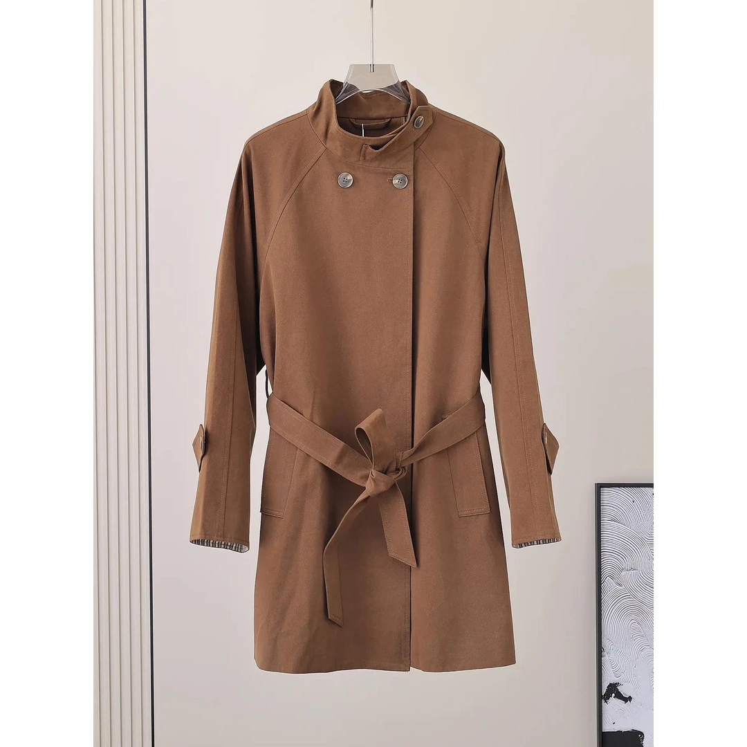 韩国卡其色立领高级感宽松垂感风衣女2025秋新气质腰带中长款外套