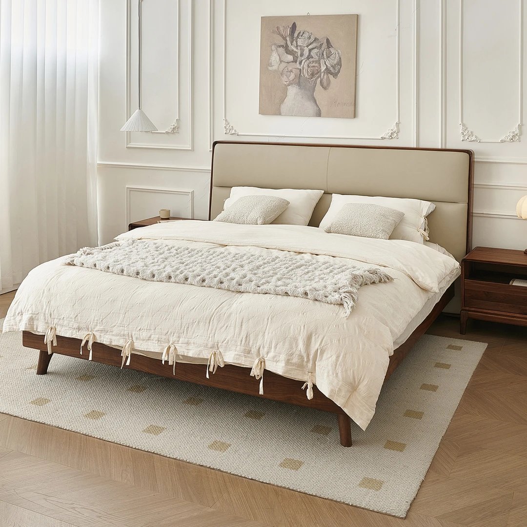 伯克威尔北美黑胡桃全实木床2米双人床真皮软靠北欧风卧室家具床