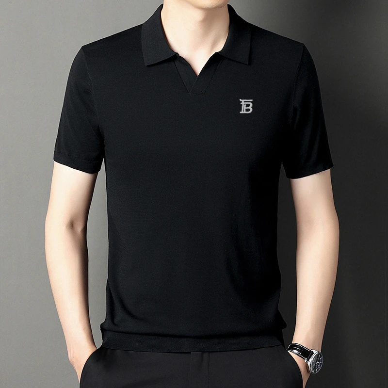 欧洲轻奢【专柜正品】桑蚕丝针织短袖t恤V领男士新款针织百搭打底衫