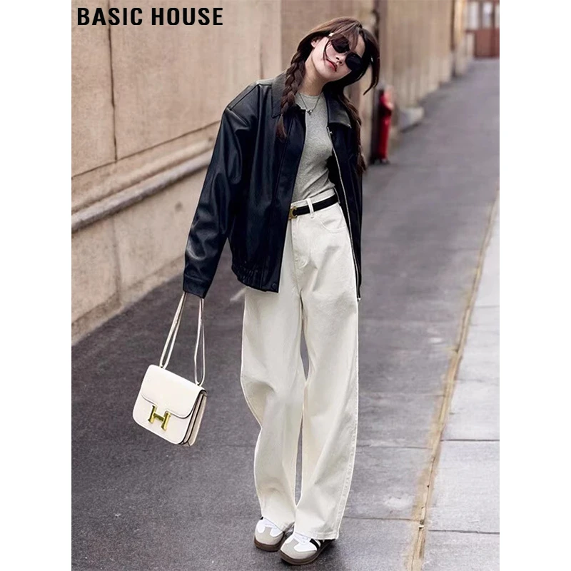 Basic House/百家好白色阔腿牛仔裤女2025夏季新款慵懒加长拖地裤