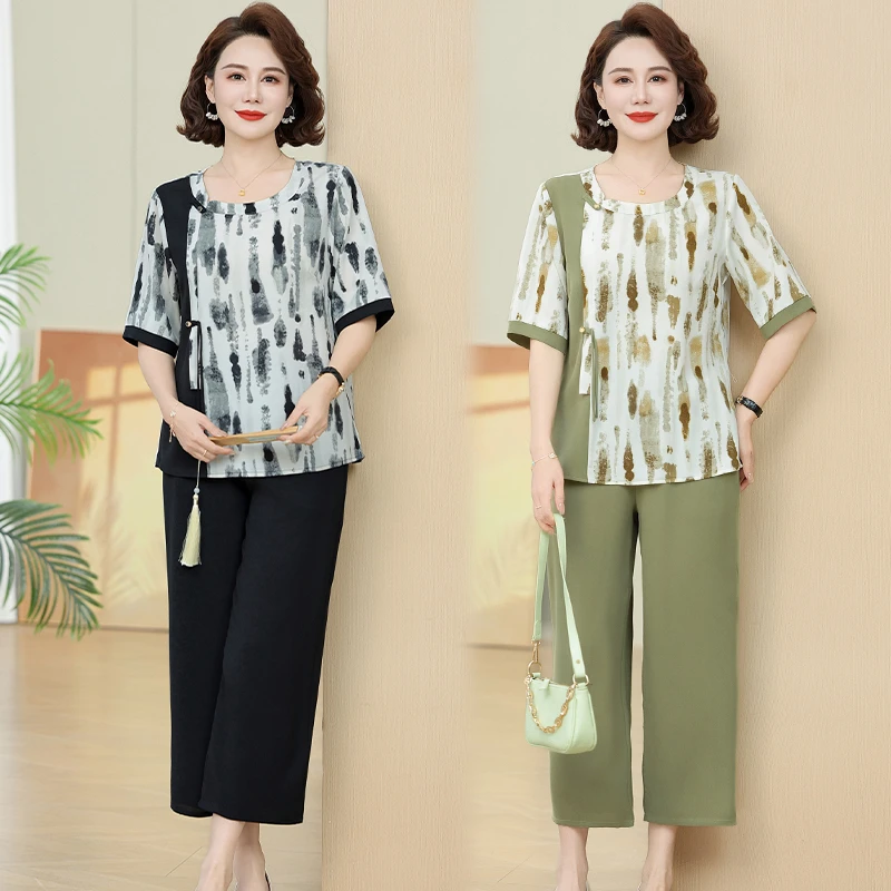 中年妈妈夏装洋气套装休闲上衣中老年女装短袖T恤大码雪纺两件套