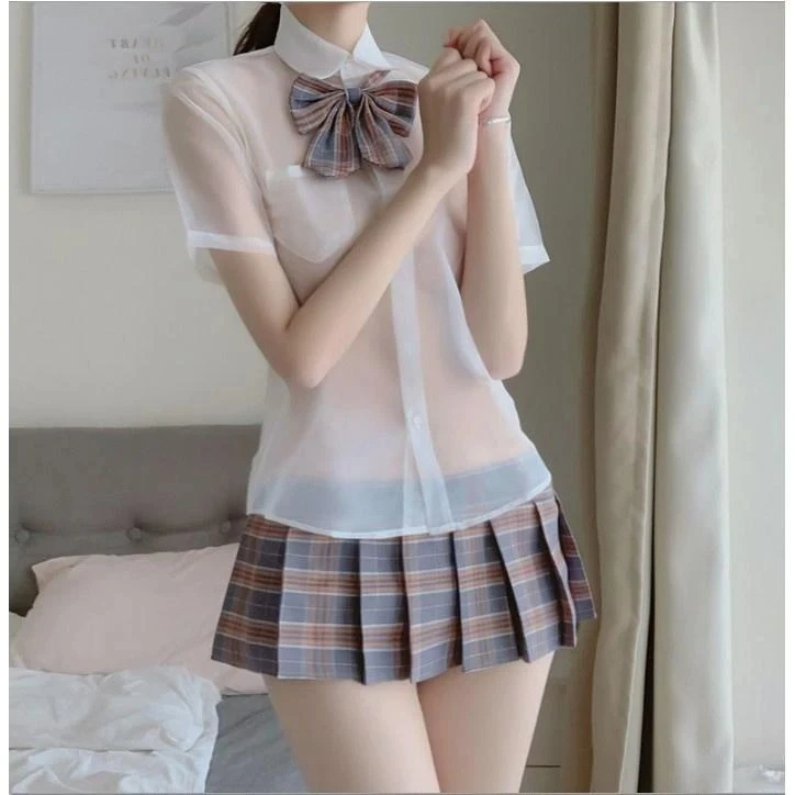 性感英伦格子内衣裙衬衫夏季青春学生结领结百褶裙JK制服套装短款