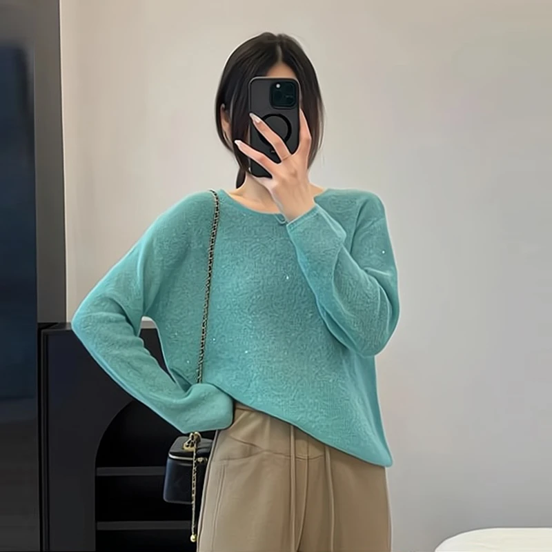 2025春季新款文艺休闲纯色圆领长袖针织衫韩系慵懒细闪套头毛衣女