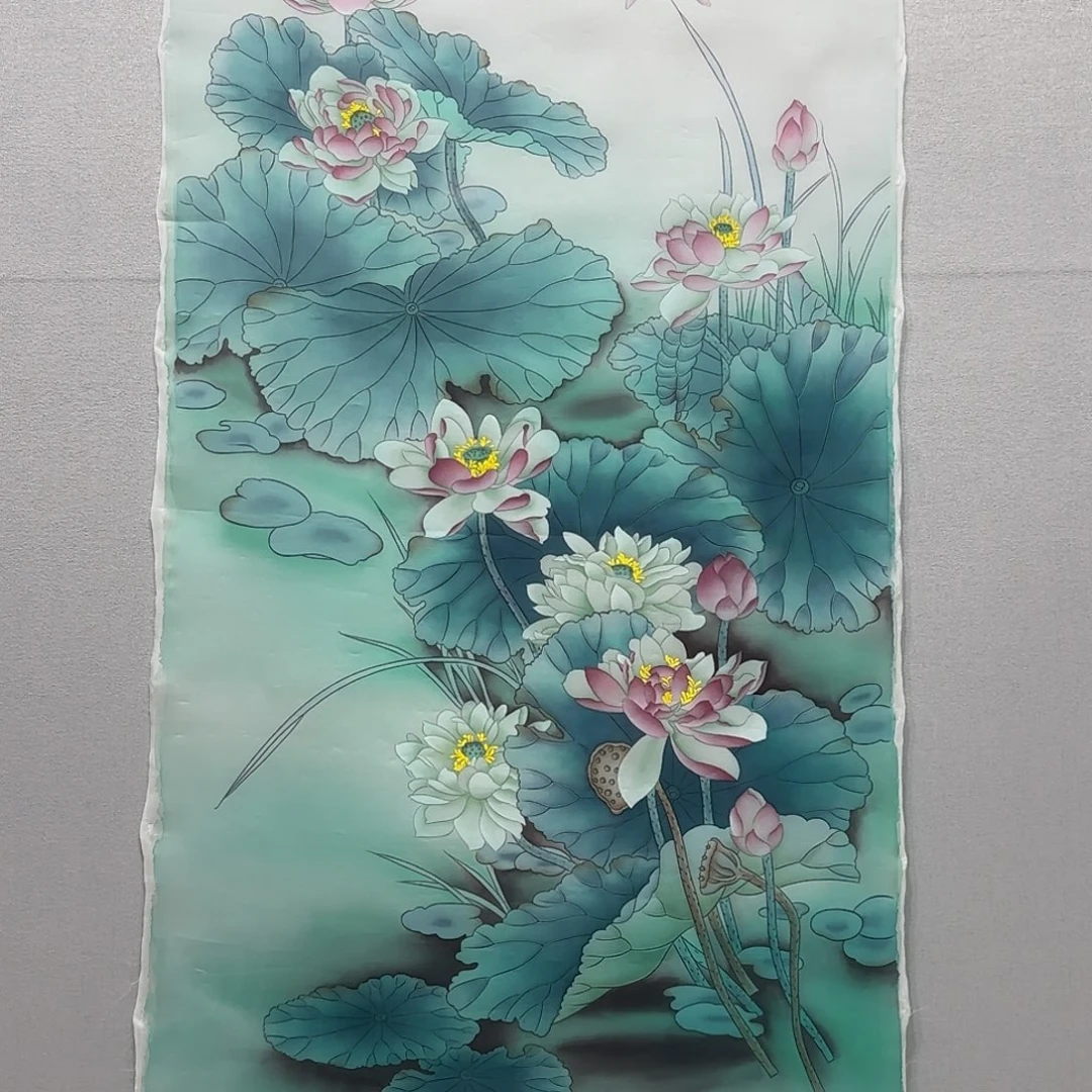 国画绢本工笔荷花图贾敏
