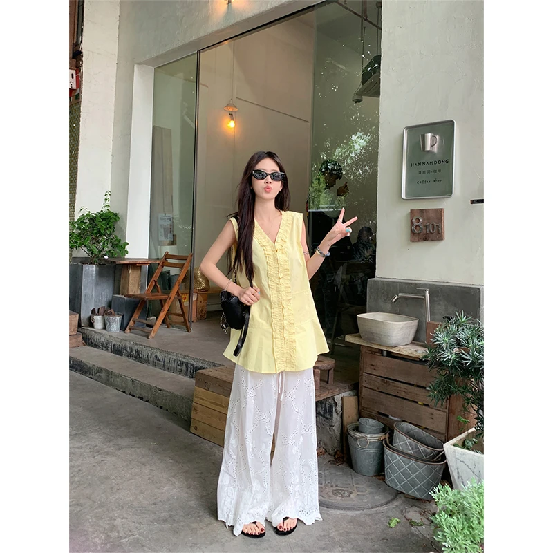 高级感韩系原单前后两穿V领衬衫上衣百搭全蕾丝阔腿裤子时尚套装