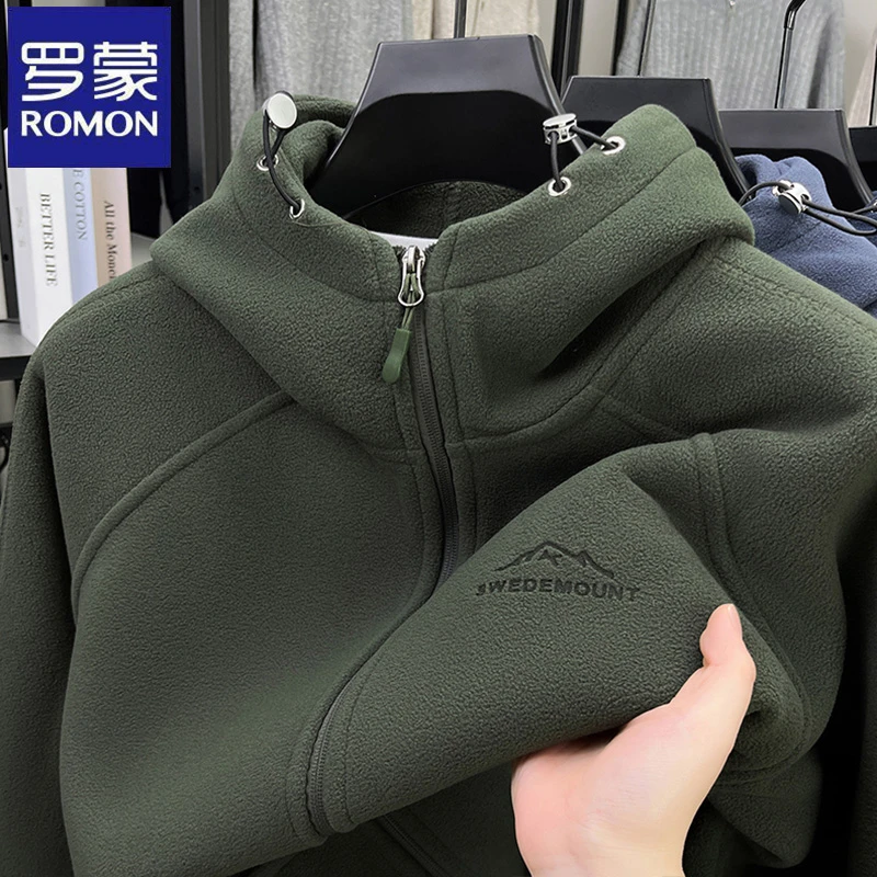 【加绒加厚】罗蒙休闲纯色摇粒绒户外连帽卫衣秋冬季中年抓绒衣外套