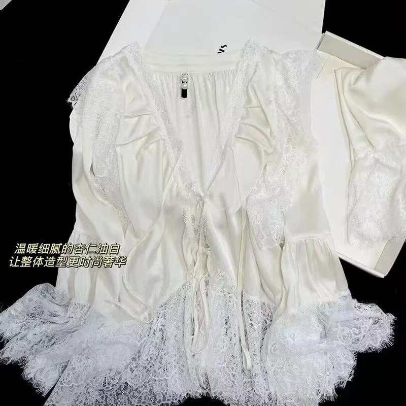 睡衣女款2025新款春秋冰丝高级感贵气蕾丝花边长袖套装家居服薄款
