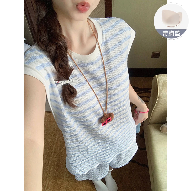 2025新款带胸垫无袖背心睡衣女夏季奶乎乎蓝色条纹家居服外穿套装
