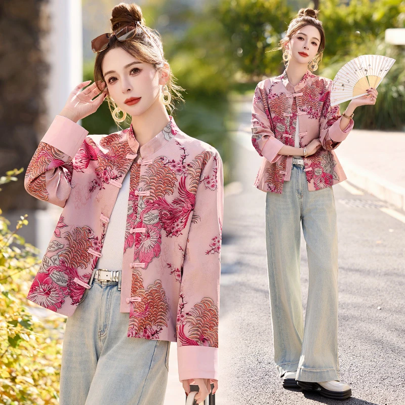 新中式国风印花短外套女2025年春秋新款复古盘扣气质改良唐装上衣