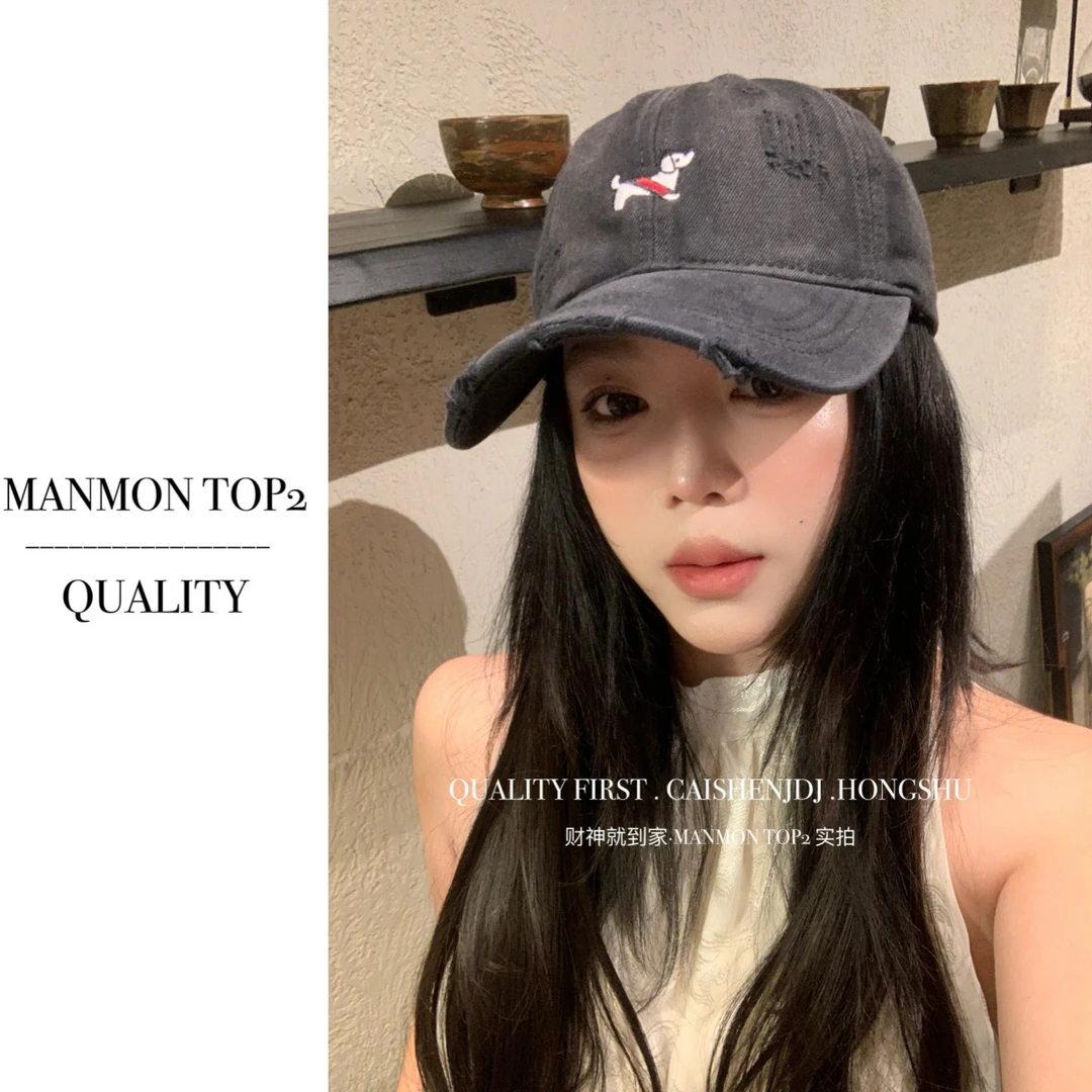 小狗刺绣棒球帽女宽帽檐大脸显脸小破洞鸭舌帽韩版大头围蓝色帽子