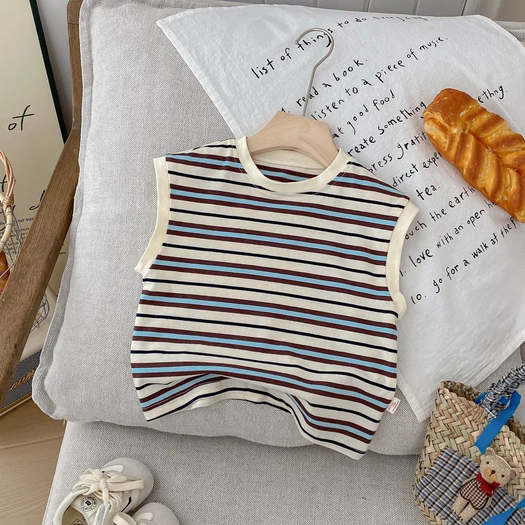 2025新款纯棉坎肩上衣无袖t恤儿童夏装男童条纹背心外穿夏季薄款