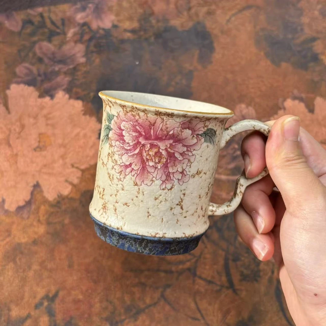 青花火石红牡丹高身咖啡杯