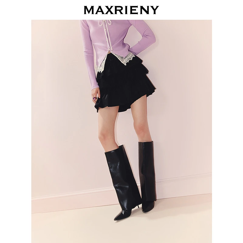 MAXRIENY法式复古甜美高腰蕾丝半裙2025秋款收腰小A蓬蓬蛋糕短裙