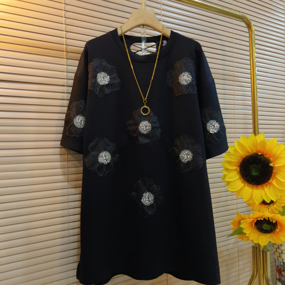 YDD新款简约美背镂空半袖钉珠花朵大码遮肉上衣