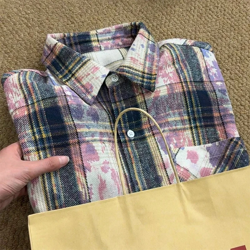 紫色扎染格子衬衫男款潮牌美式休闲衬衣长袖情侣ootd穿搭翻领外套