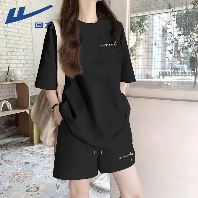 回力黑色纯棉短袖短裤套装女夏季小个子设计感休闲时尚夏装两件套