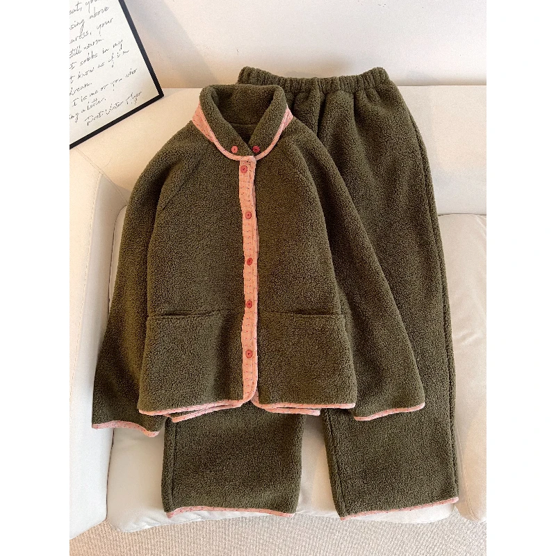 韩系甜美少女碎花包边摇粒绒睡衣女秋冬新款保暖家居服套装可外穿