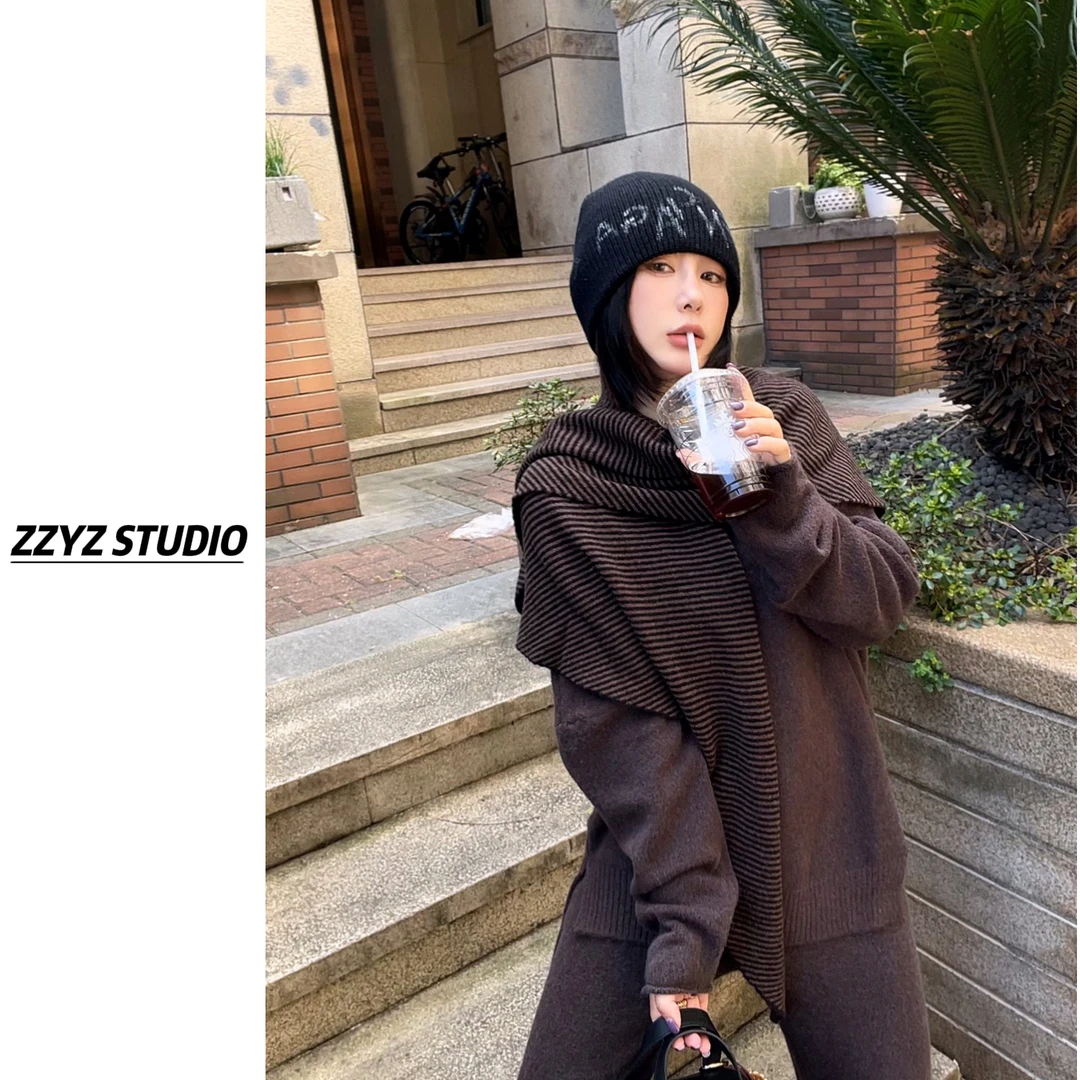 【ZZYZ】澳洲wool100%羊毛条纹三角披肩女秋冬多功能护颈坎肩围巾