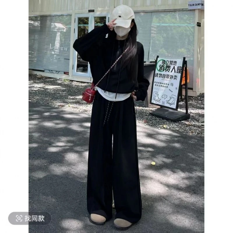 【秋季新款】慵懒风宽松版卫衣设计感直筒高腰阔腿裤两件套潮