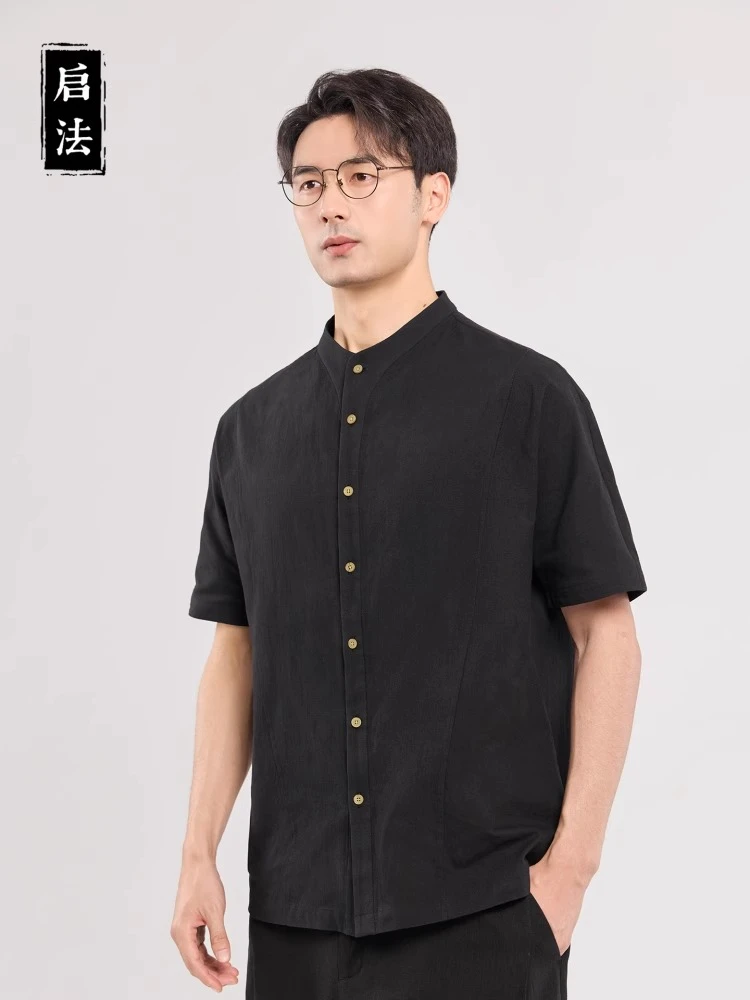 启·法启法男装夏季全棉立领衬衫男复古黑色短袖衬衣男士简约百搭