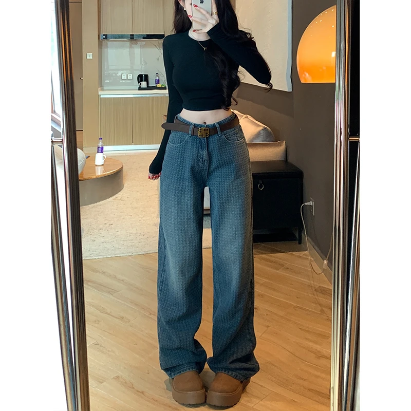 重工设计感小香提花阔腿牛仔裤女2025秋季新款高腰休闲垂感长裤