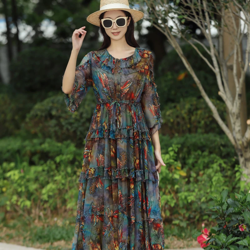 拜占庭的森林桑蚕丝连衣裙高贵气质宽松显瘦长袖印花百搭中长款