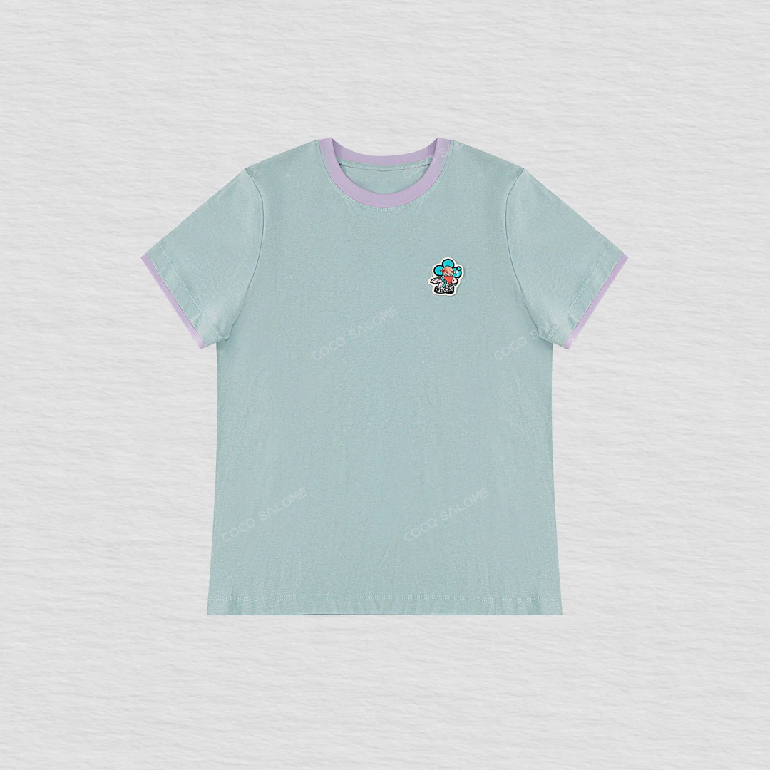 COCO SALOME⑥【太阳花】贴布绣太阳花拼色圆领短袖上衣878Y