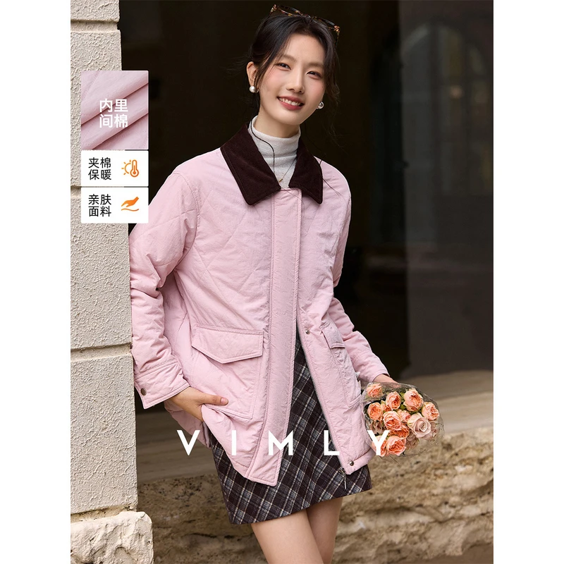 【梵希蔓】粉色巴恩风翻领拉链棉服外套冬新款撞色夹棉加厚A3776
