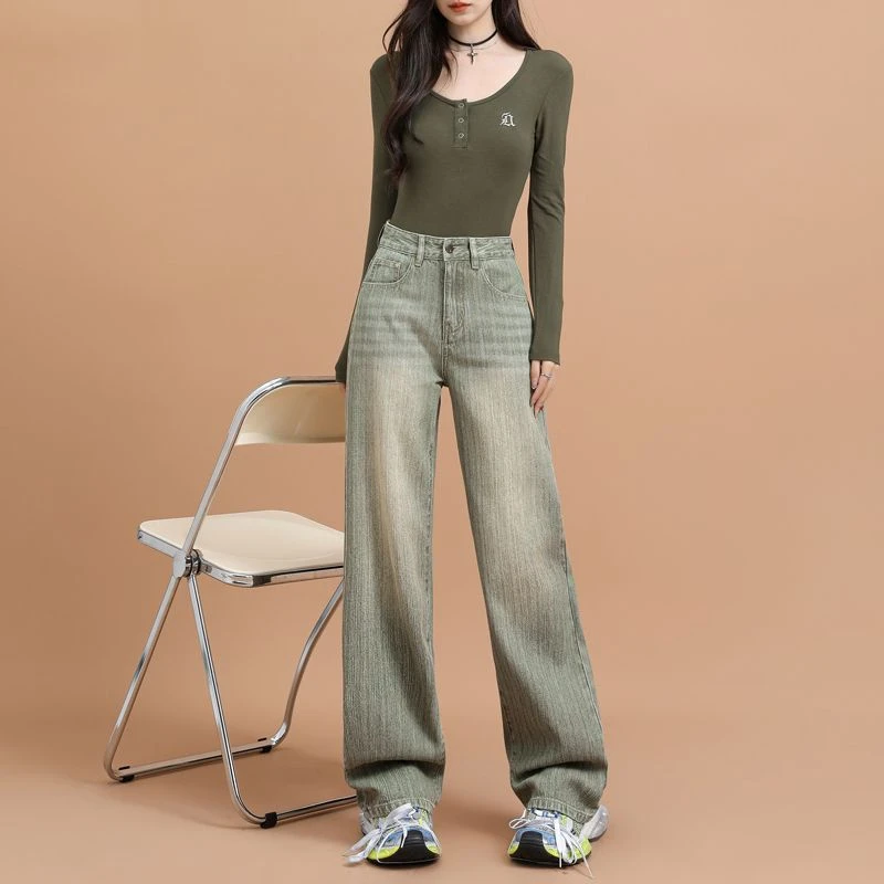 【木木夕】2025秋季美式轻奢超柔莱赛尔竹节纹拼接时尚高腰宽松阔腿