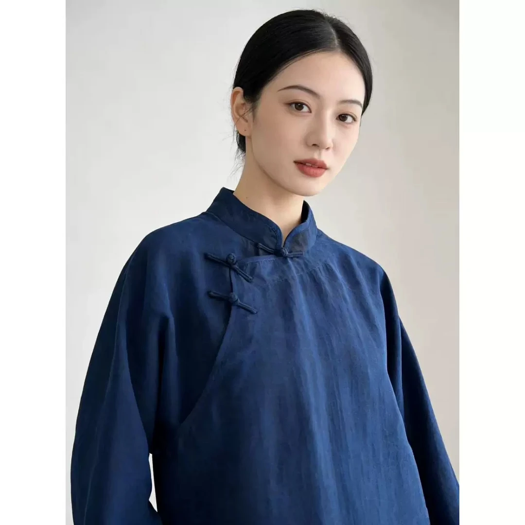 蓝龟纹DY3399樱美嘉桑蚕丝新中式香云纱打底衬衫女中国风提花汉服