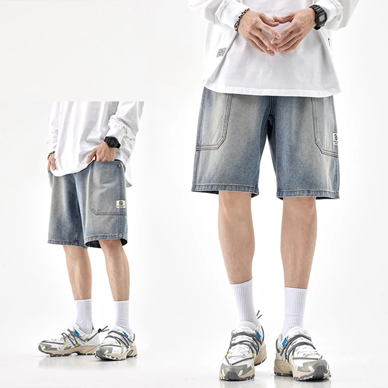男生潮牌直筒牛仔短裤夏季薄款宽松五分裤弹力浅色水洗休闲中裤子
